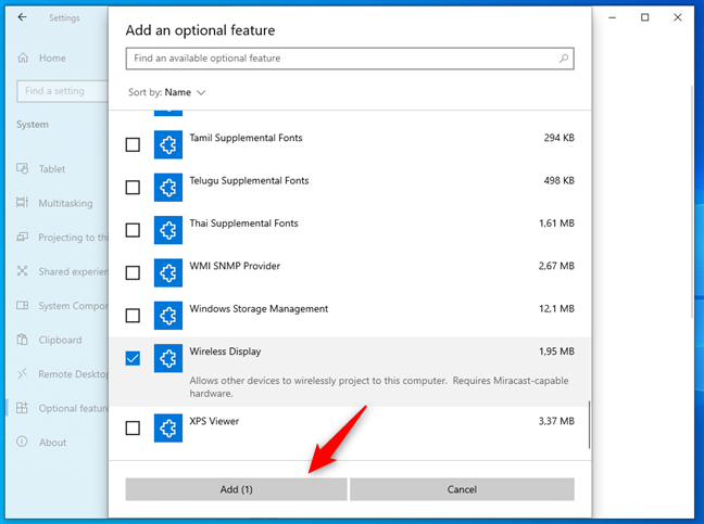 Installing optional features in Windows 10