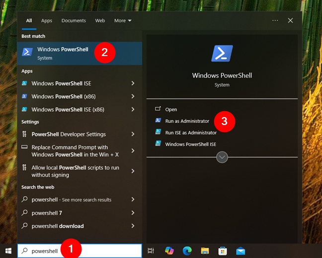 Search for and open PowerShell as admin in Windows 10