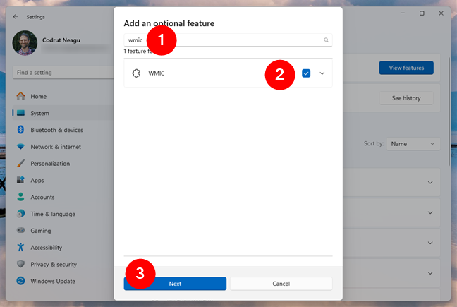 Search for and select the WMIC optional feature