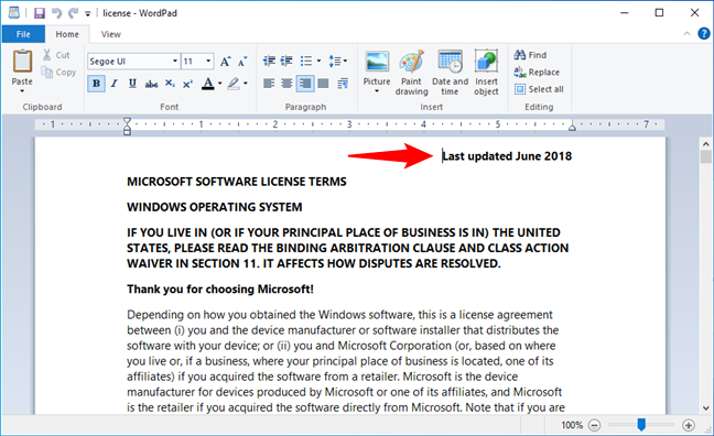 license.rtf showing that you have Windows 10